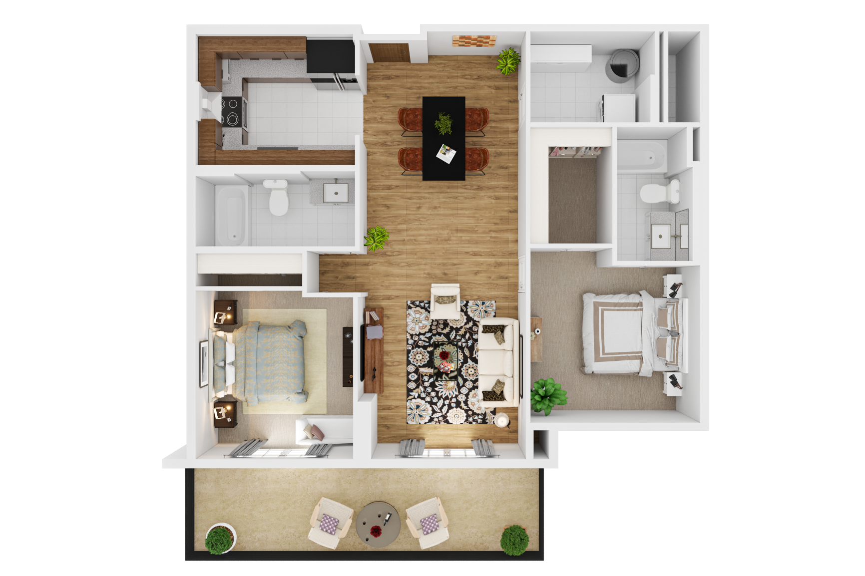 Floor plan for 2 beds, 2 baths, 1030 sqft